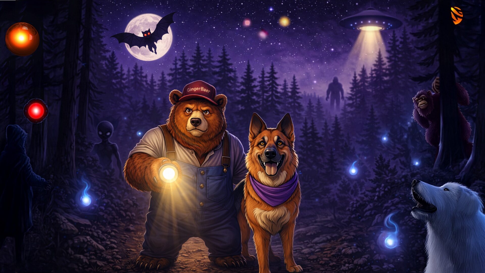 GingerBaer and Arrow walking through the woods.