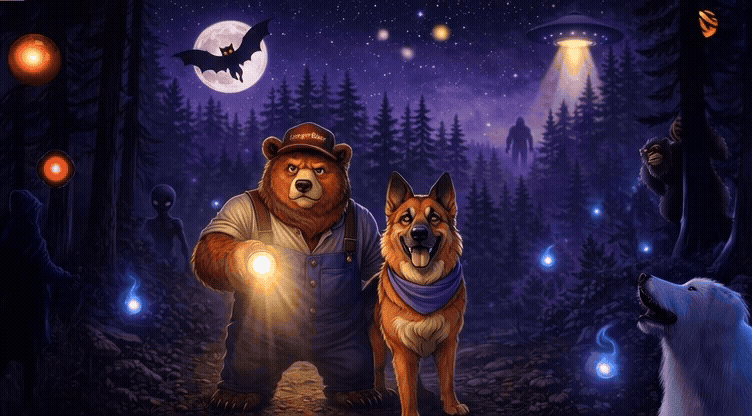 GingerBaer and his trusty companion Arrow walking through the scary woods.